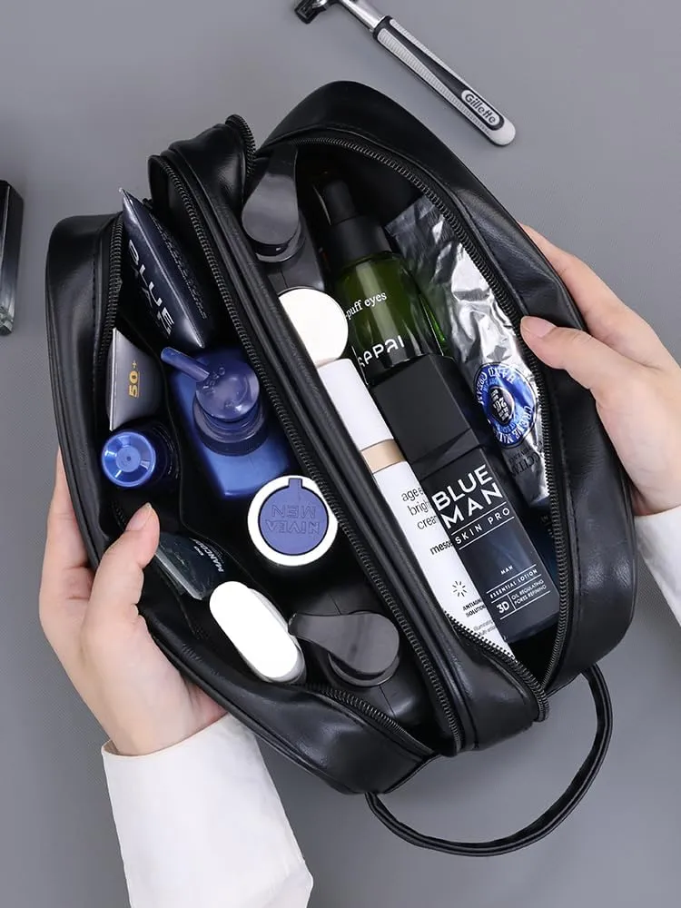 Mens travel toiletry bag, Gift For Men，Waterproof PU double-layer cosmetic bag, large-capacity portable toiletry bag(Black)