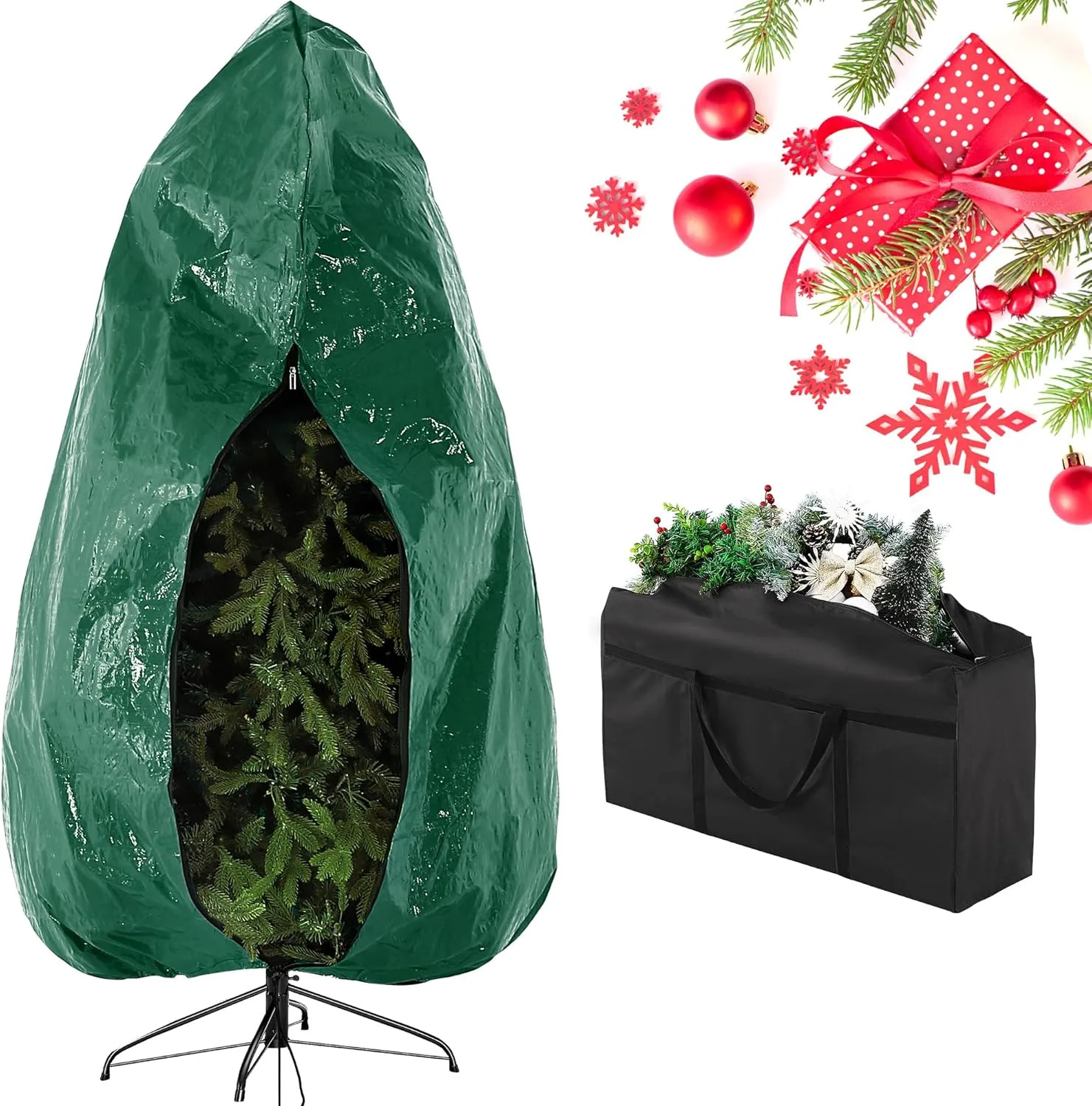Meonum Upright Christmas Tree Storage Bag with Ornament Storage Bag Waterproof Heavy Duty Tear-proof Container Combo Set Fits 7.5 Ft Xmas Tree (9ft)