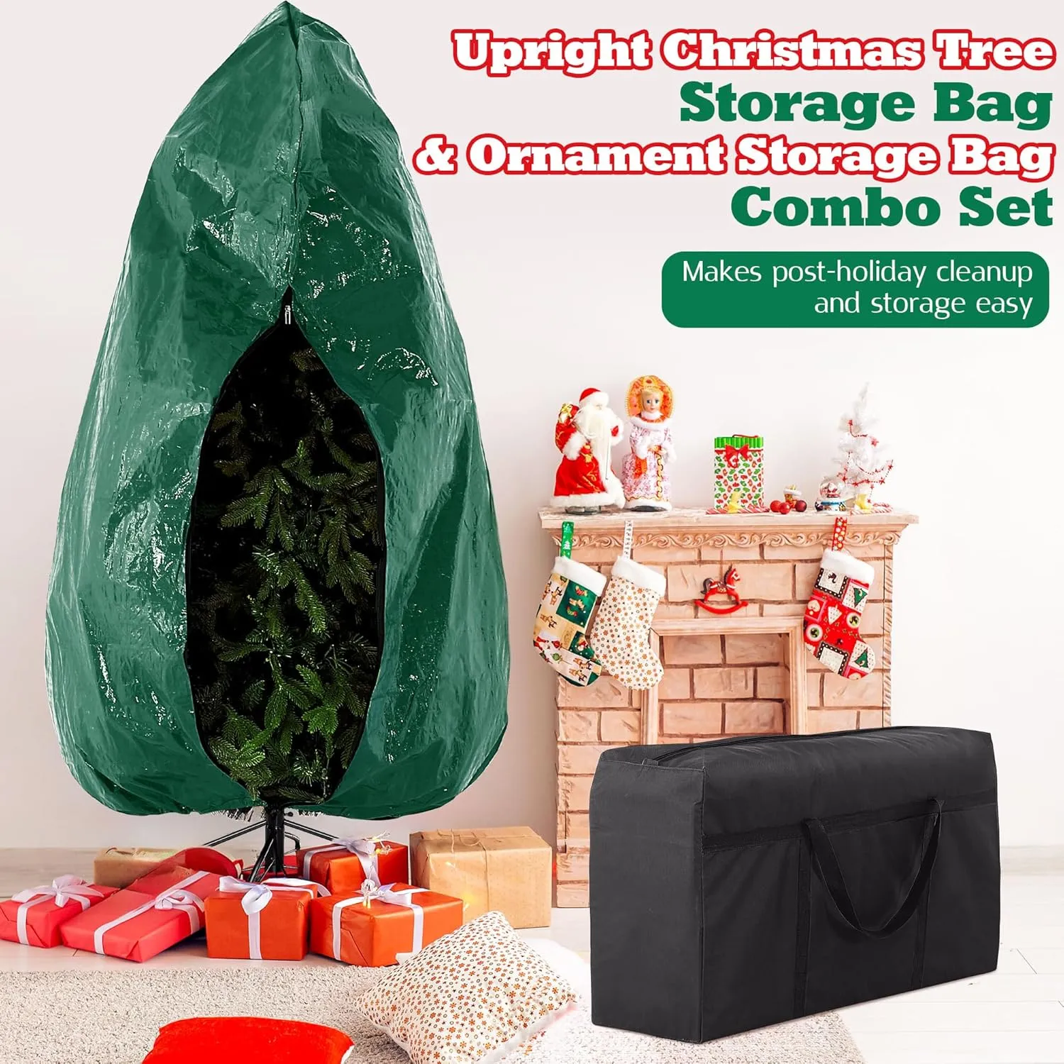 Meonum Upright Christmas Tree Storage Bag with Ornament Storage Bag Waterproof Heavy Duty Tear-proof Container Combo Set Fits 7.5 Ft Xmas Tree (9ft)
