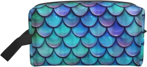 Mermaid Teal Fish Scale Print Large Capacity Cosmetic Organizer for Women and Men Portable Travel Makeup Pouch