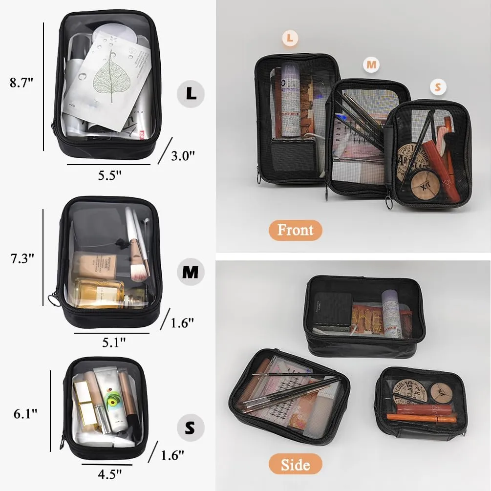 Mesh Makeup Bag, Breathable Mesh Zipper Toiletry Bag, See Through Makeup Bag Organizer, Black Travel Bag (Large)