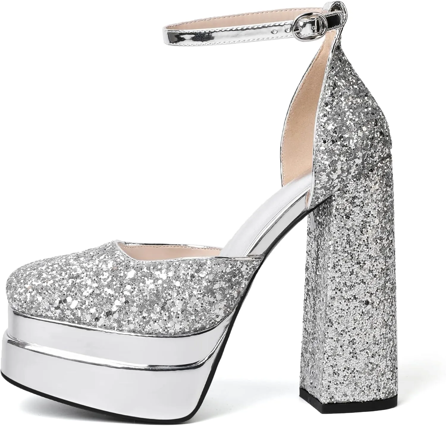 Mettesally Women's Stacked Platform High Heels Square Toe Chunky Thick Heel Sandals Ankle Strap Block Heeled Pumps Fashion Party Platform Shoes