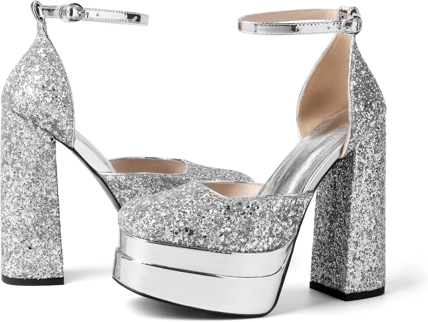 Mettesally Women's Stacked Platform High Heels Square Toe Chunky Thick Heel Sandals Ankle Strap Block Heeled Pumps Fashion Party Platform Shoes