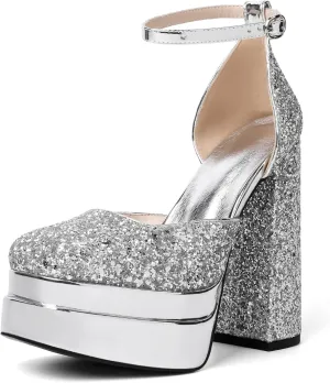 Mettesally Women's Stacked Platform High Heels Square Toe Chunky Thick Heel Sandals Ankle Strap Block Heeled Pumps Fashion Party Platform Shoes