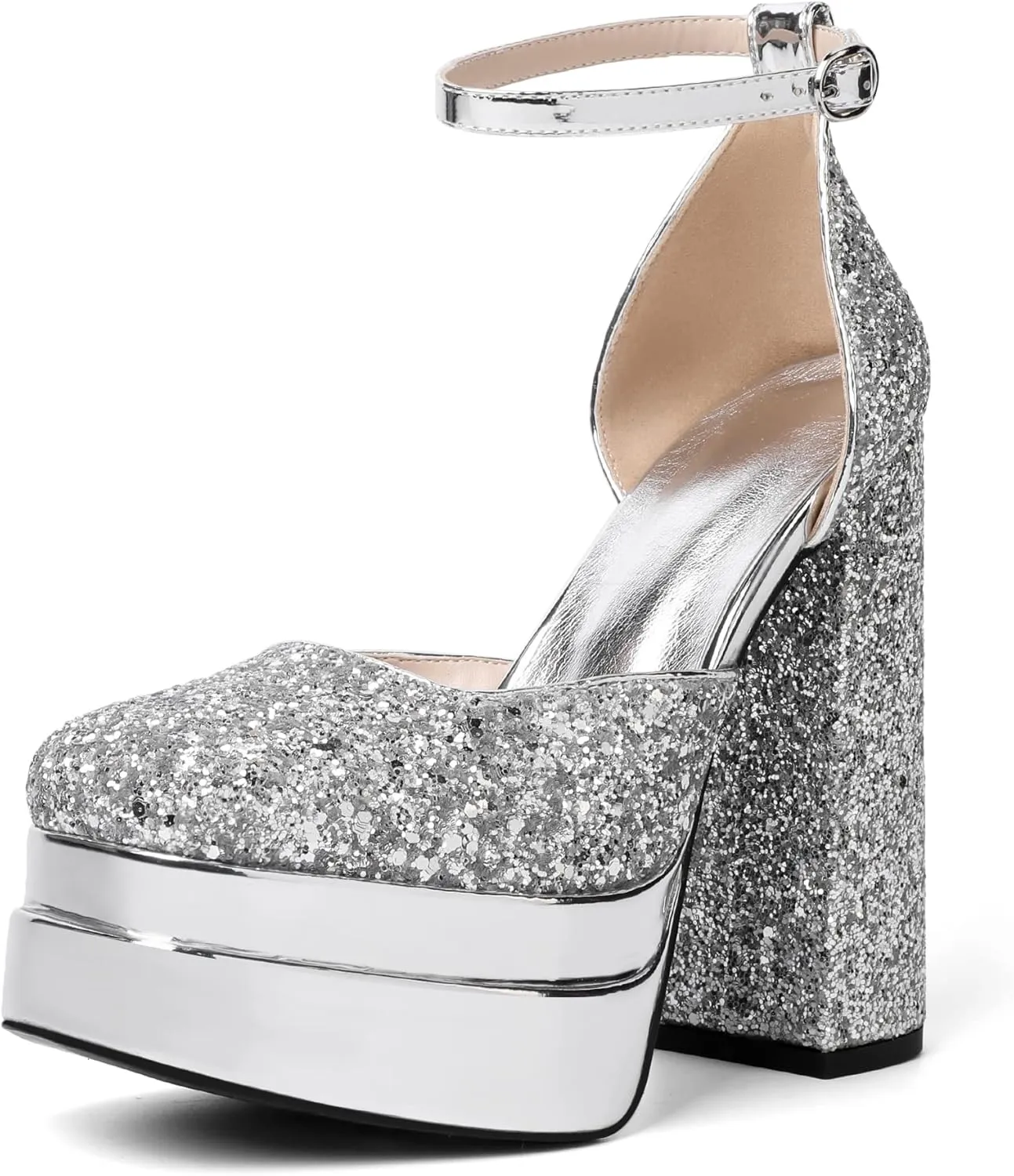 Mettesally Women's Stacked Platform High Heels Square Toe Chunky Thick Heel Sandals Ankle Strap Block Heeled Pumps Fashion Party Platform Shoes