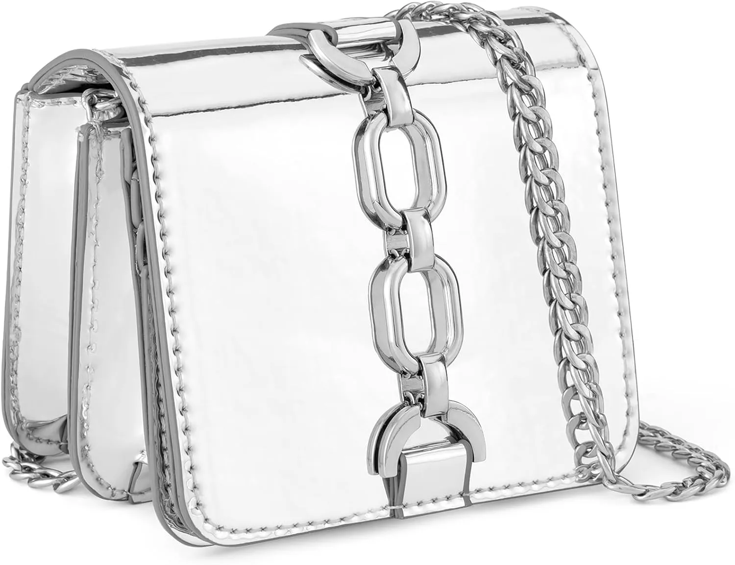 Mini Crossbody Bags for Women, Silver Evening Bags for Women with Built-in Mirror and Two Chain Strap