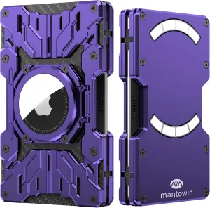 Minimalist Mens Wallet RFID Blocking - Slim Metal Wallet With Airtag Holder - Compact Credit Card Holder Mini Size, Metal, Carbon Fiber (Purple)