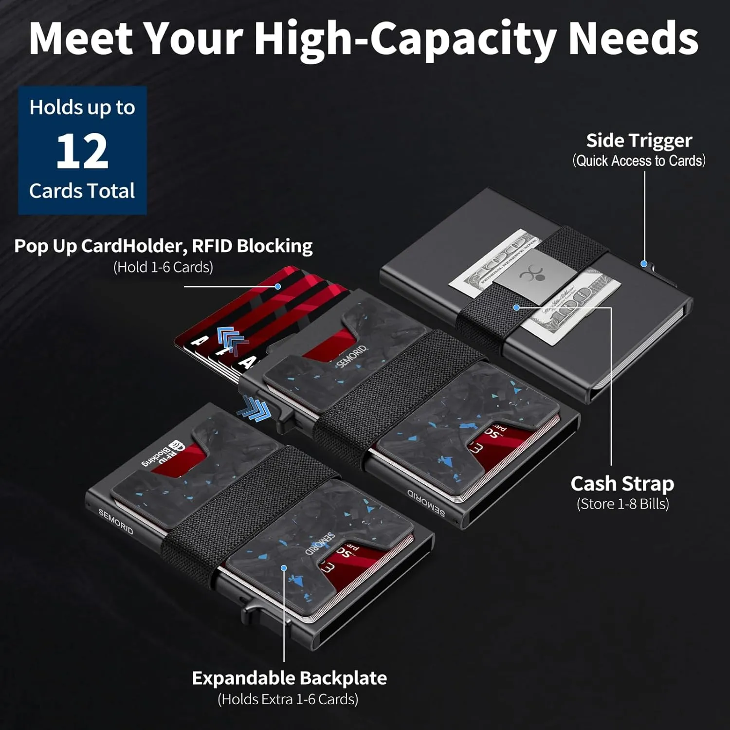 Minimalist Wallet for Men, Slim RFID Blocking Mens Wallet, Aluminum Pop Up Card Case, Thin Metal Credit Card Holder with Cash Strap -12 Cards Storage