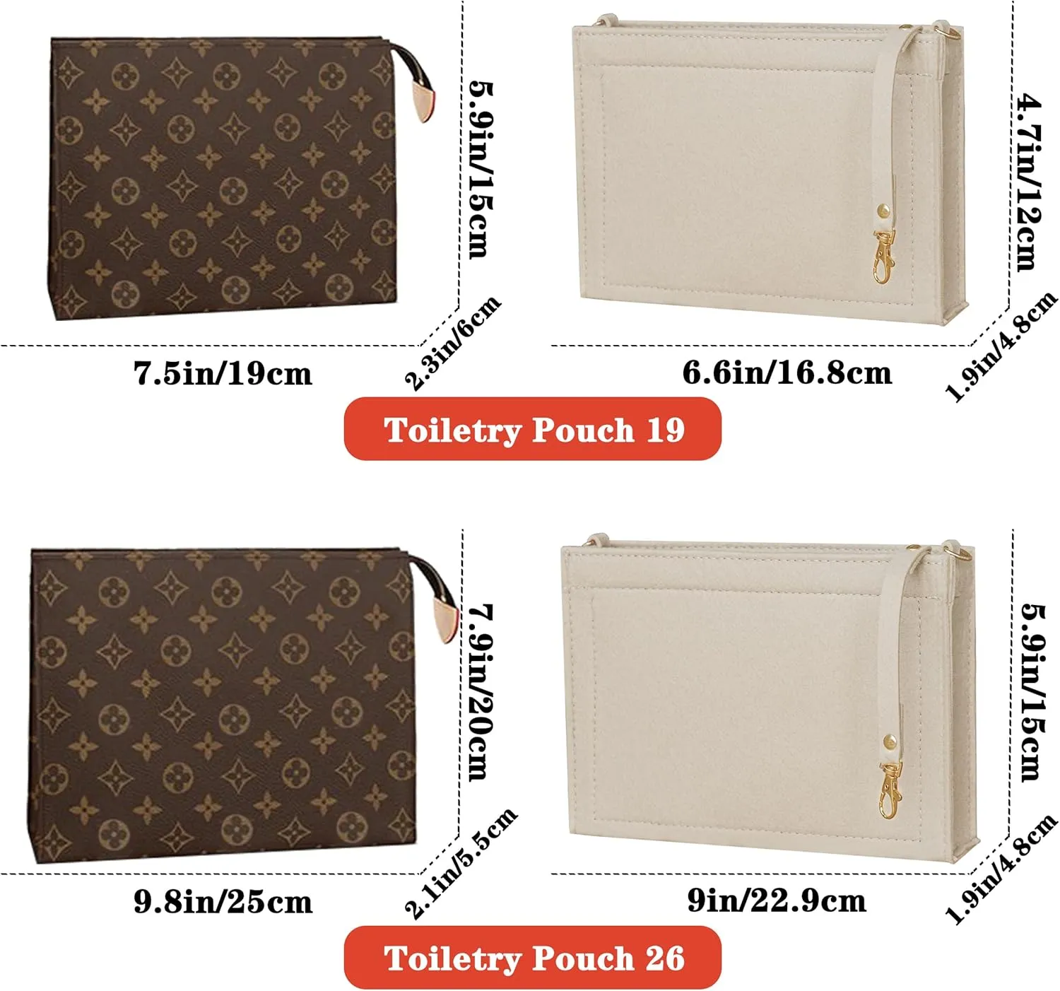 MISIXILE Felt Purse Insert Bag Organizer with Zipper And Gold Buckles,Handbag Organiser Insert fits Toiletry Pouch 19 26