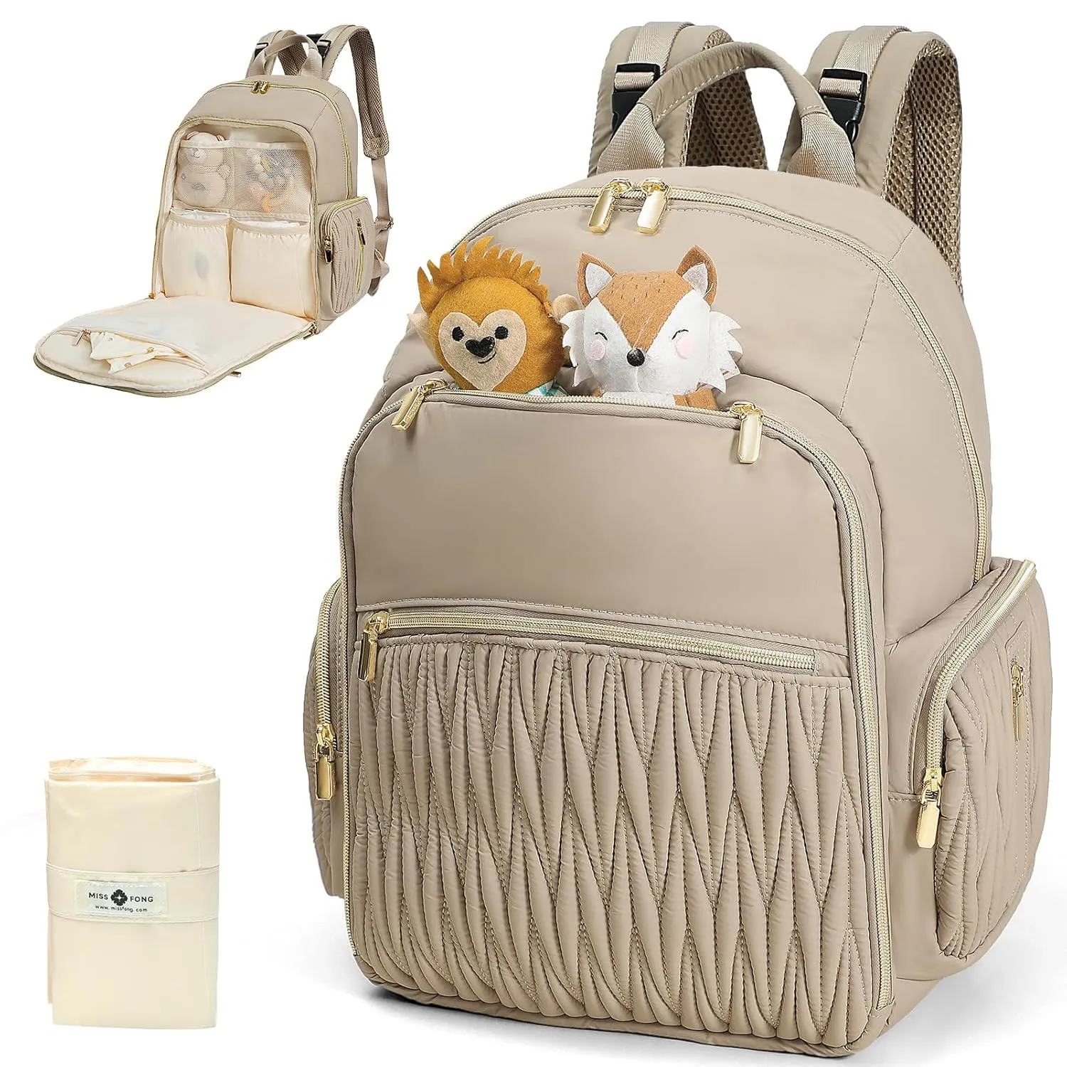 miss fong Diaper Bag Backpack - Baby Diaper Bag with Diaper Changing Pad Quilted Travel Diaper Backpack with 16 Pockets Mommy Bag Large Baby Bag Baby Shower Gifts for Mom & Dad-Khaki