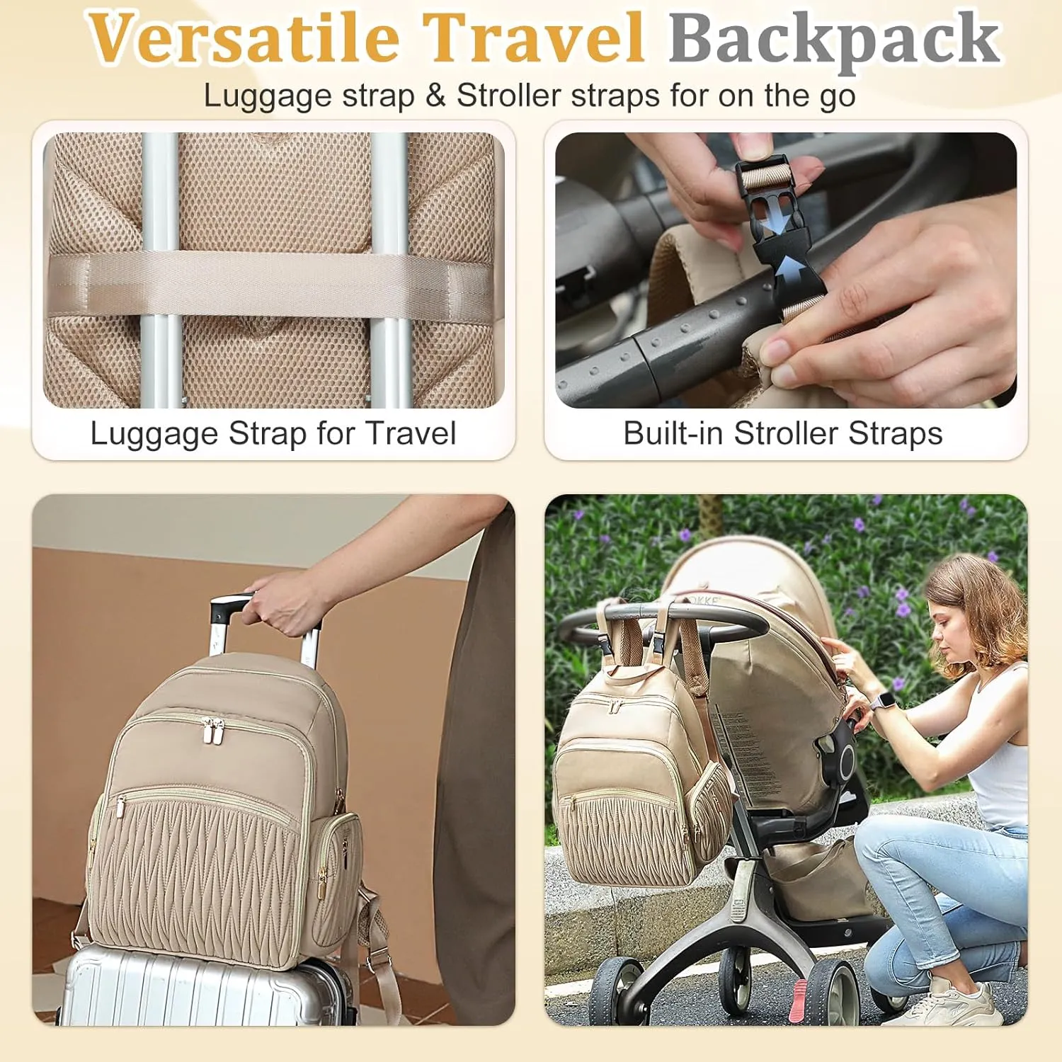 miss fong Diaper Bag Backpack - Baby Diaper Bag with Diaper Changing Pad Quilted Travel Diaper Backpack with 16 Pockets Mommy Bag Large Baby Bag Baby Shower Gifts for Mom & Dad-Khaki