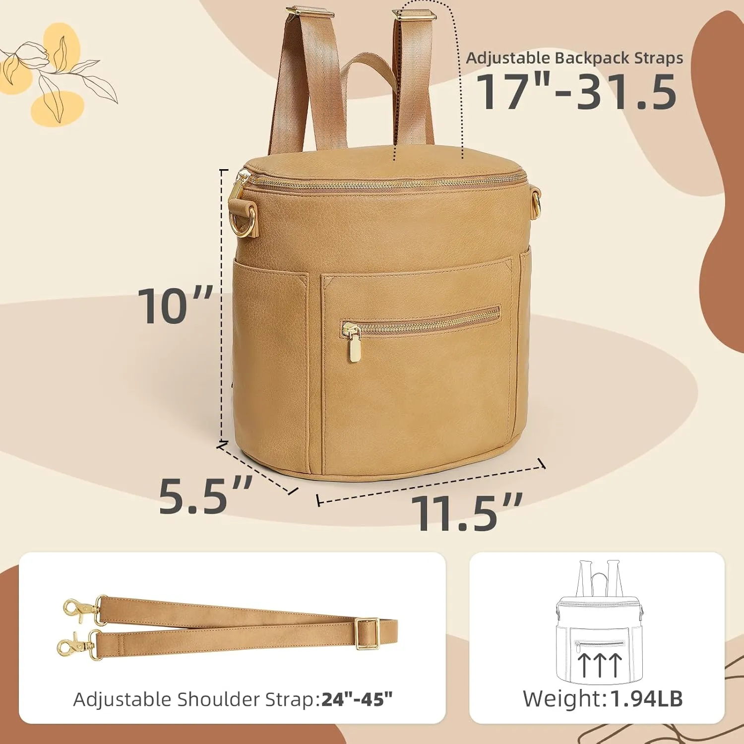 miss fong Small Diaper Bag Mini Diaper Bag, Leather Diaper Bag Backpack Mini Backpack with 14 Pockets Insulated Pockets & Shoulder Strap(Peanut)