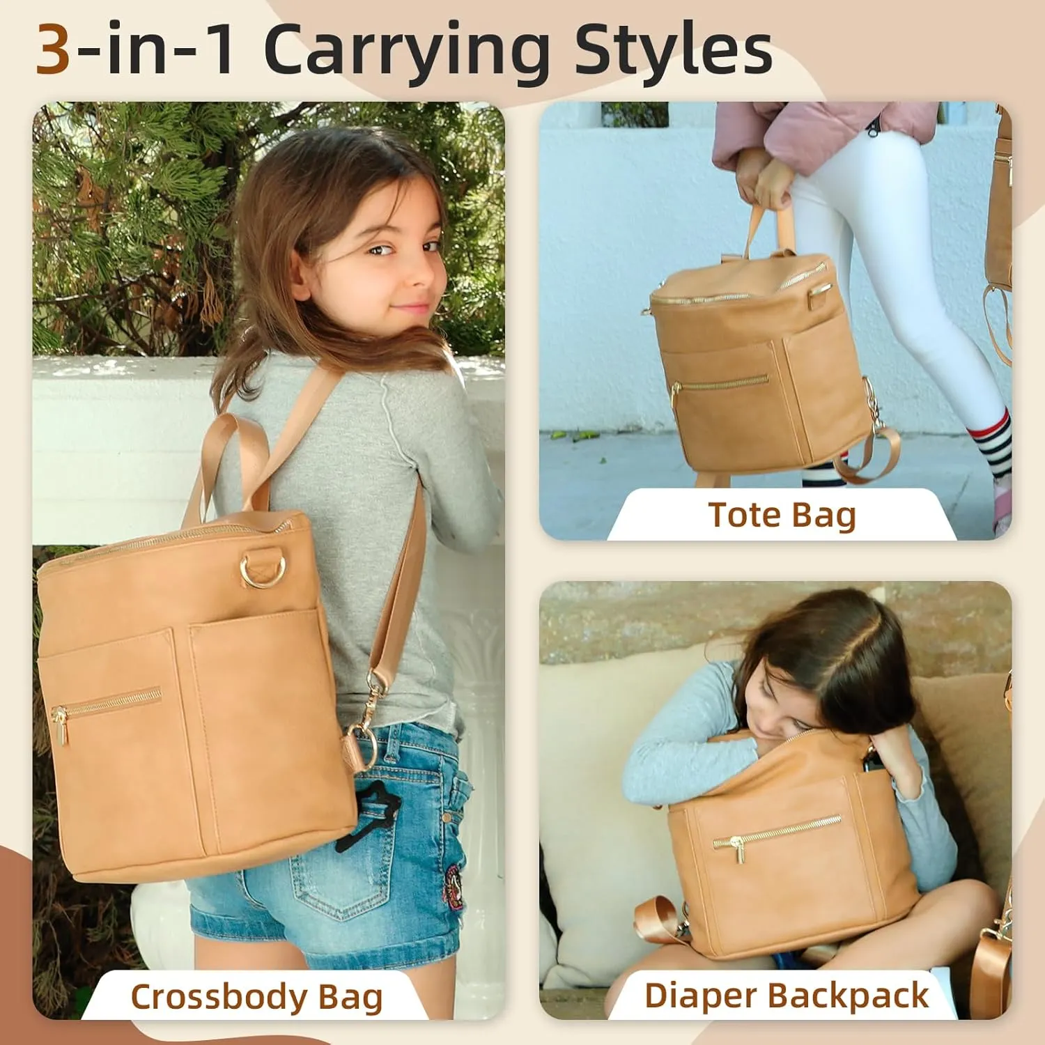 miss fong Small Diaper Bag Mini Diaper Bag, Leather Diaper Bag Backpack Mini Backpack with 14 Pockets Insulated Pockets & Shoulder Strap(Peanut)