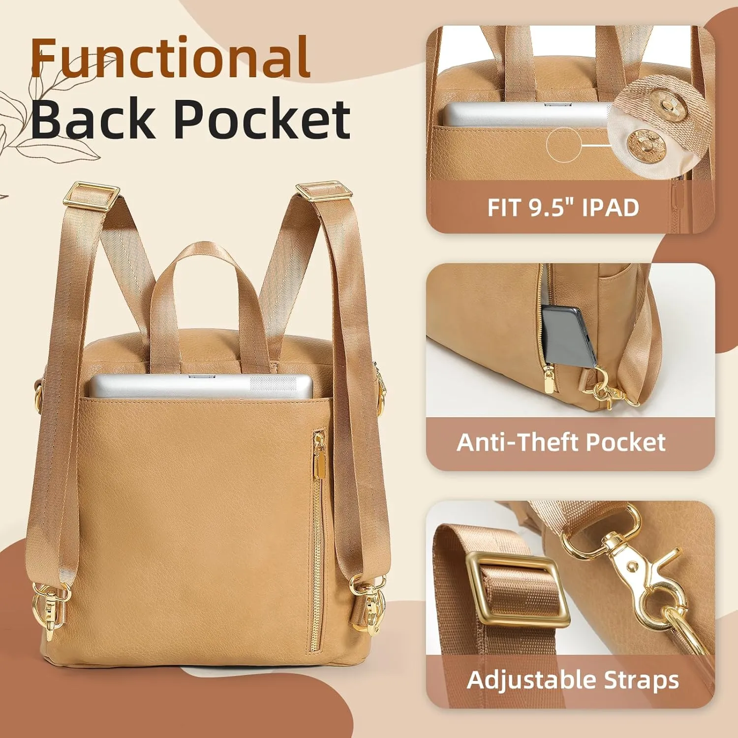 miss fong Small Diaper Bag Mini Diaper Bag, Leather Diaper Bag Backpack Mini Backpack with 14 Pockets Insulated Pockets & Shoulder Strap(Peanut)
