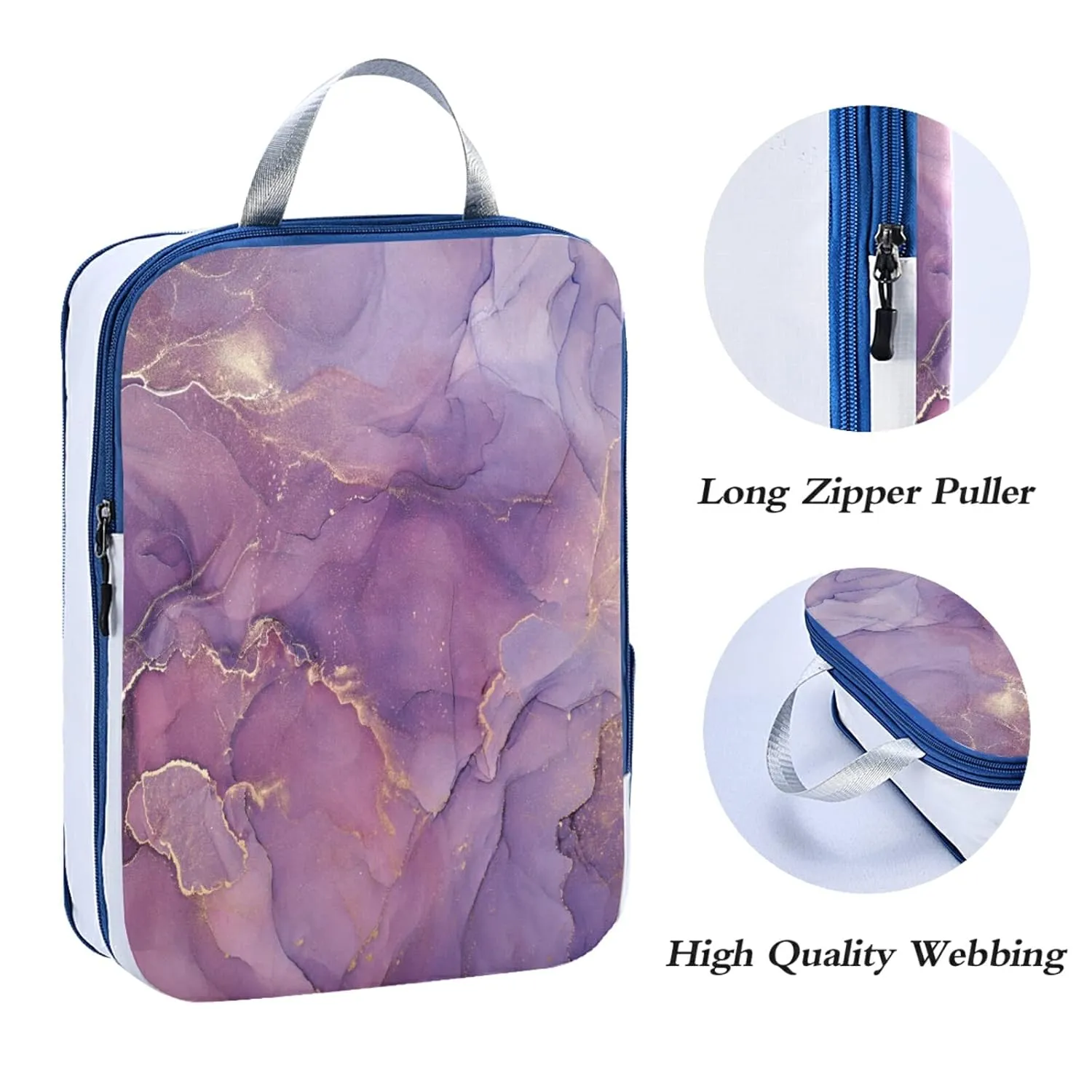 Mix Acrylic Paint Purple Pink Marble Texture with Gold Powder 3 Piece set Cubes Expandable Adjustable Luggage Packing Bags, Ultralight Organizer Accessories Travel Suitcase Compressible Bags
