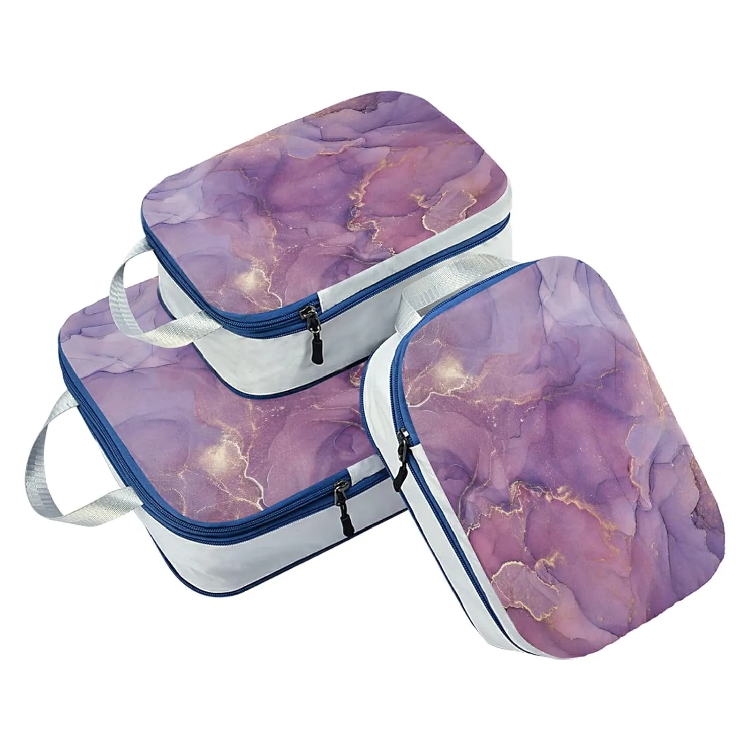 Mix Acrylic Paint Purple Pink Marble Texture with Gold Powder 3 Piece set Cubes Expandable Adjustable Luggage Packing Bags, Ultralight Organizer Accessories Travel Suitcase Compressible Bags