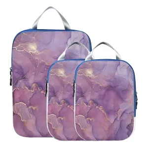 Mix Acrylic Paint Purple Pink Marble Texture with Gold Powder 3 Piece set Cubes Expandable Adjustable Luggage Packing Bags, Ultralight Organizer Accessories Travel Suitcase Compressible Bags