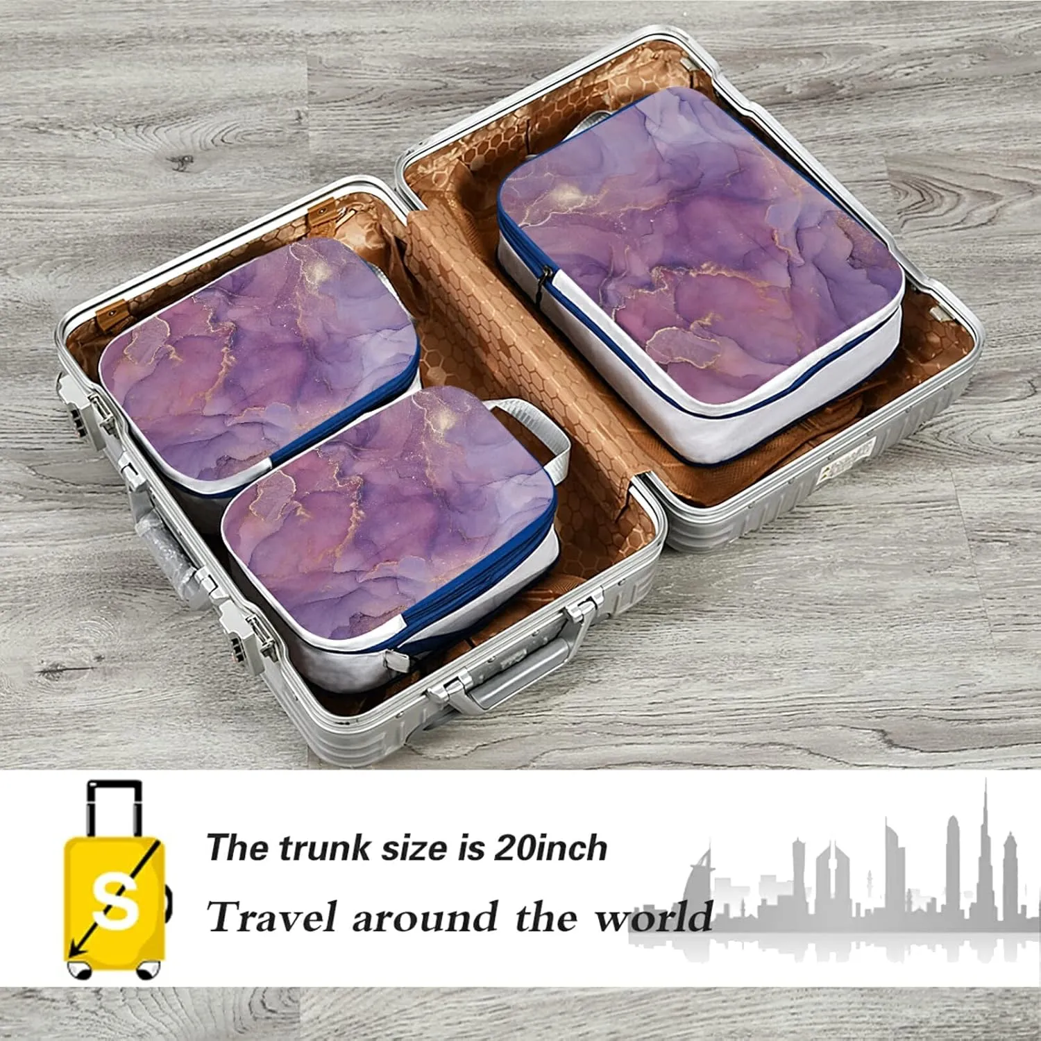 Mix Acrylic Paint Purple Pink Marble Texture with Gold Powder 3 Piece set Cubes Expandable Adjustable Luggage Packing Bags, Ultralight Organizer Accessories Travel Suitcase Compressible Bags