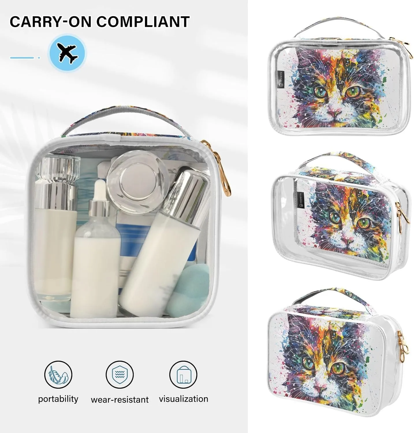 MNSRUU Clear Makeup Bags Cats Watercolors Toiletry Bag for Women 2 PCS Waterproof Clear Bags Clear Travel Toiletry Bag Small Cosmetic Makeup Bag, Carry on Airport Airline Compliant Bag