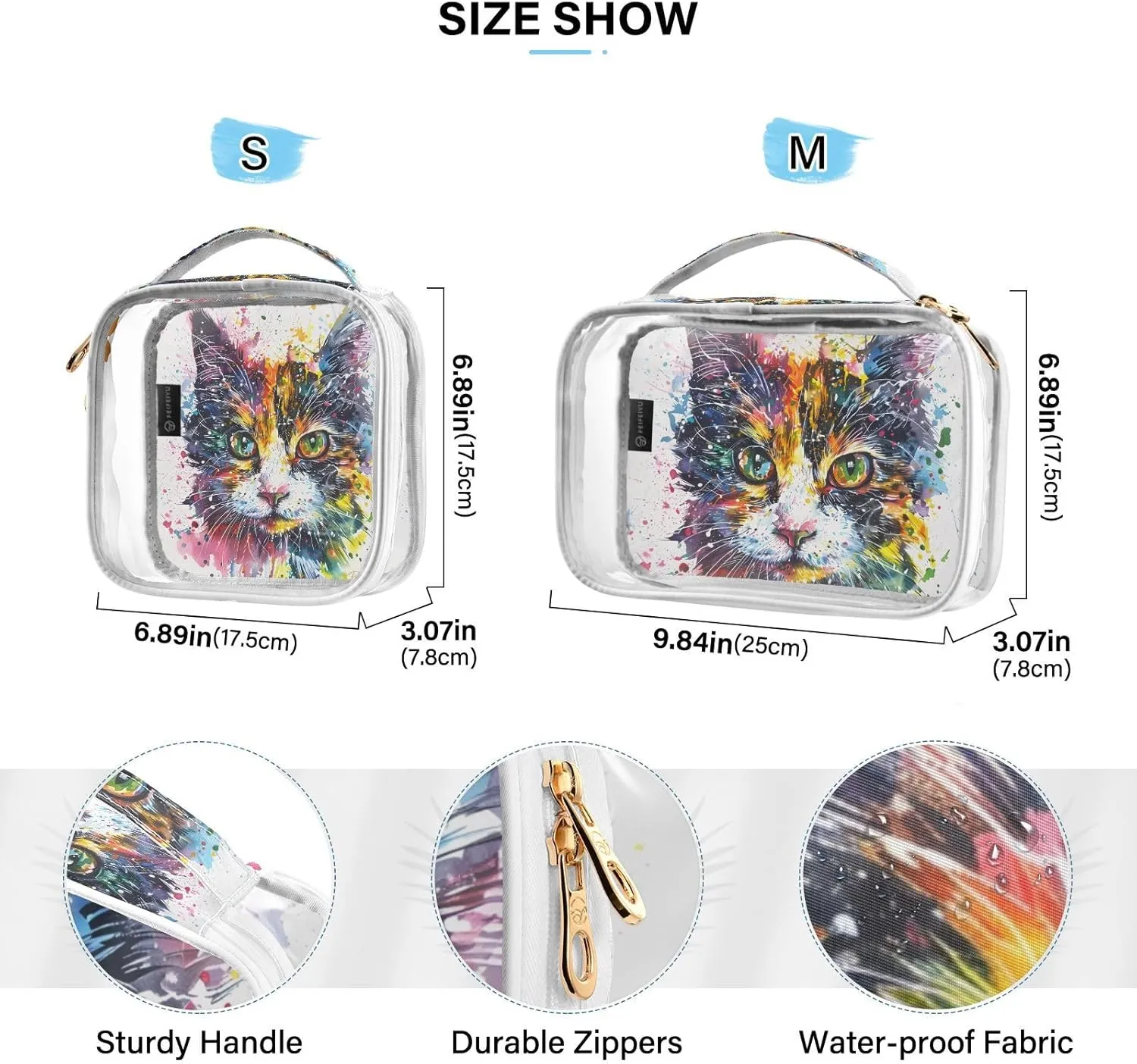MNSRUU Clear Makeup Bags Cats Watercolors Toiletry Bag for Women 2 PCS Waterproof Clear Bags Clear Travel Toiletry Bag Small Cosmetic Makeup Bag, Carry on Airport Airline Compliant Bag