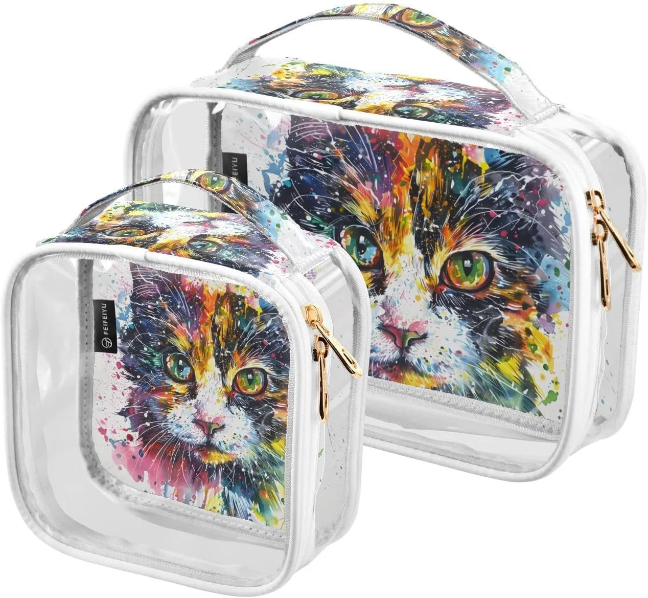 MNSRUU Clear Makeup Bags Cats Watercolors Toiletry Bag for Women 2 PCS Waterproof Clear Bags Clear Travel Toiletry Bag Small Cosmetic Makeup Bag, Carry on Airport Airline Compliant Bag