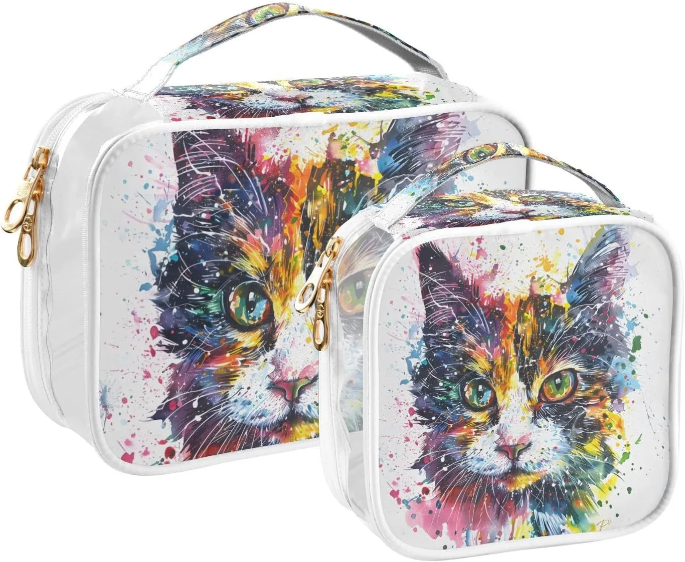 MNSRUU Clear Makeup Bags Cats Watercolors Toiletry Bag for Women 2 PCS Waterproof Clear Bags Clear Travel Toiletry Bag Small Cosmetic Makeup Bag, Carry on Airport Airline Compliant Bag