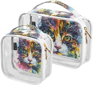 MNSRUU Clear Makeup Bags Cats Watercolors Toiletry Bag for Women 2 PCS Waterproof Clear Bags Clear Travel Toiletry Bag Small Cosmetic Makeup Bag, Carry on Airport Airline Compliant Bag