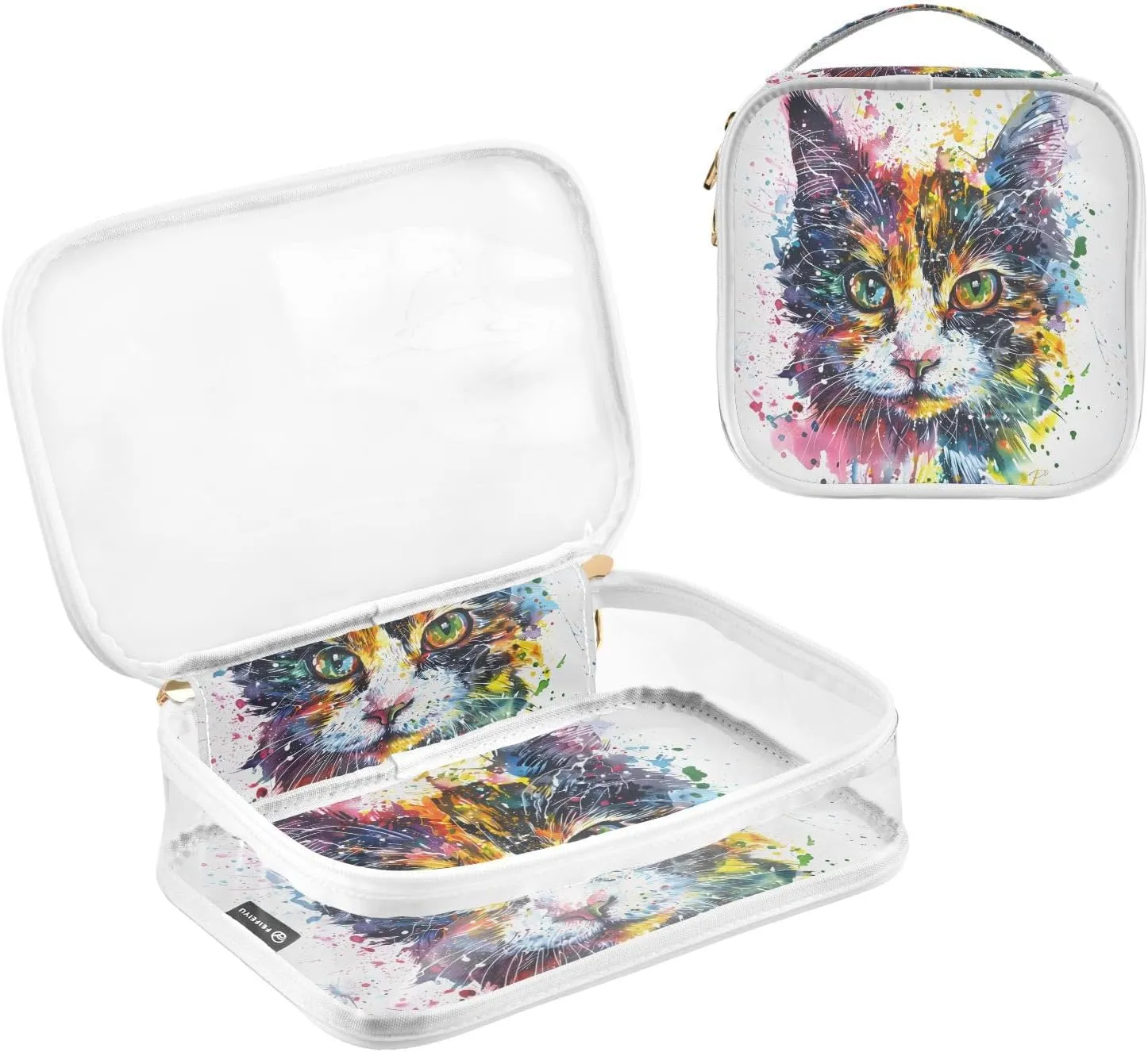 MNSRUU Clear Makeup Bags Cats Watercolors Toiletry Bag for Women 2 PCS Waterproof Clear Bags Clear Travel Toiletry Bag Small Cosmetic Makeup Bag, Carry on Airport Airline Compliant Bag