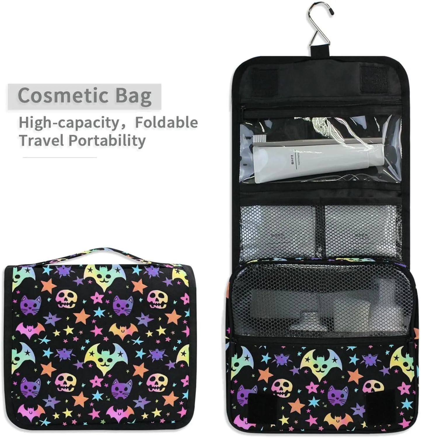 MNSRUU Hanging Toiletry Bag Bats and Stars Travel Makeup bag for Toiletries Portable Travel Toiletry Organizer Cosmetic Bags with Hanging Hook