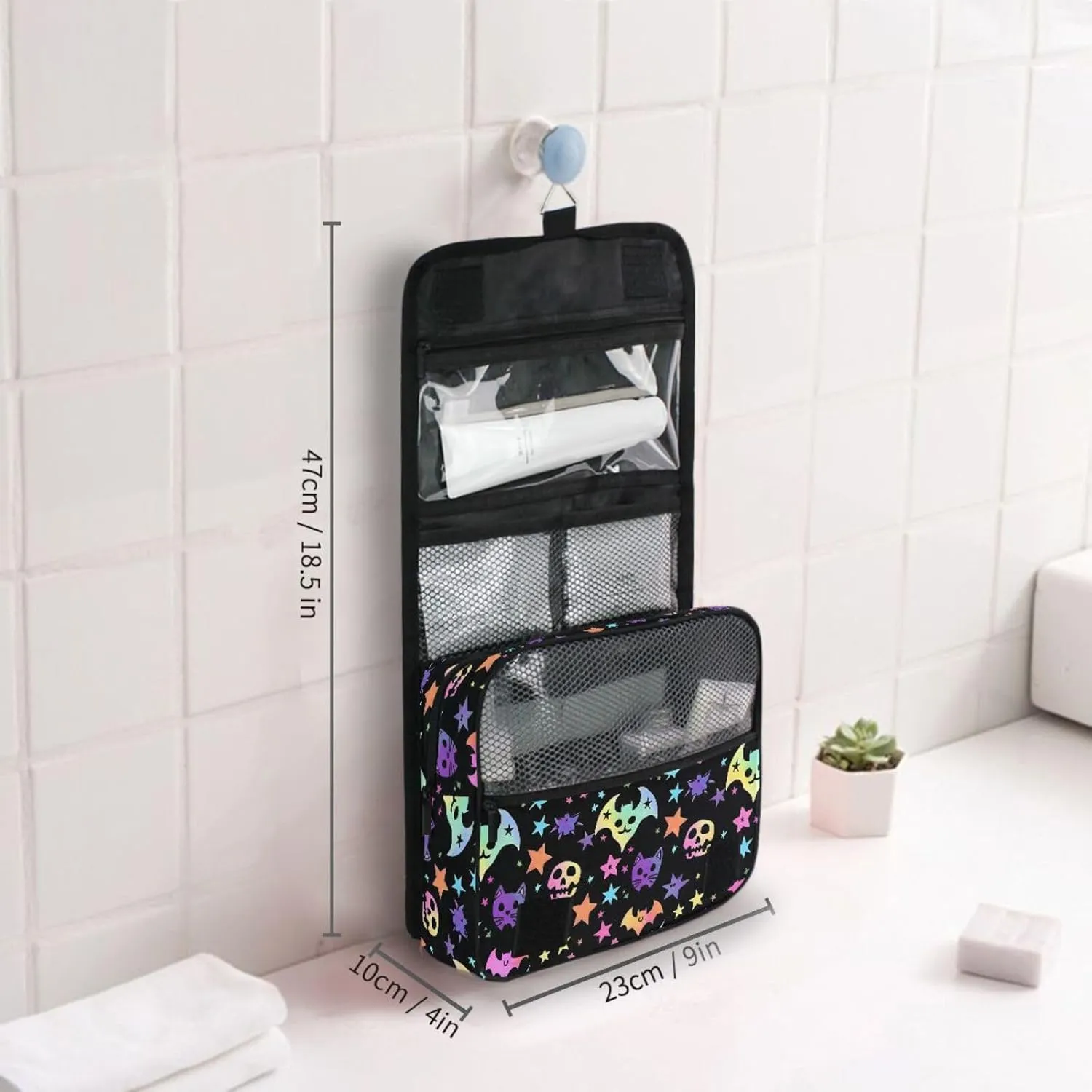 MNSRUU Hanging Toiletry Bag Bats and Stars Travel Makeup bag for Toiletries Portable Travel Toiletry Organizer Cosmetic Bags with Hanging Hook