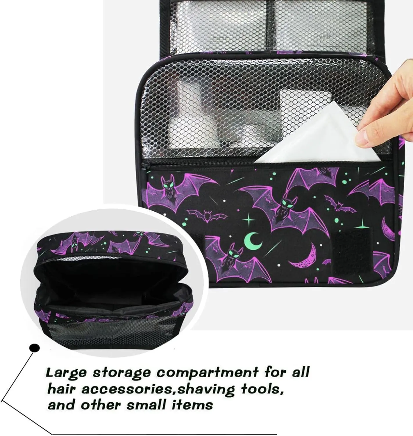 MNSRUU Hanging Toiletry Bag Neon Purple and Bats Stars and Moons Travel Makeup bag for Toiletries Portable Travel Toiletry Organizer Cosmetic Bags with Hanging Hook