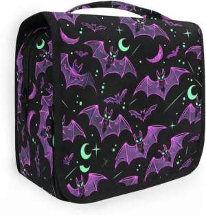 MNSRUU Hanging Toiletry Bag Neon Purple and Bats Stars and Moons Travel Makeup bag for Toiletries Portable Travel Toiletry Organizer Cosmetic Bags with Hanging Hook