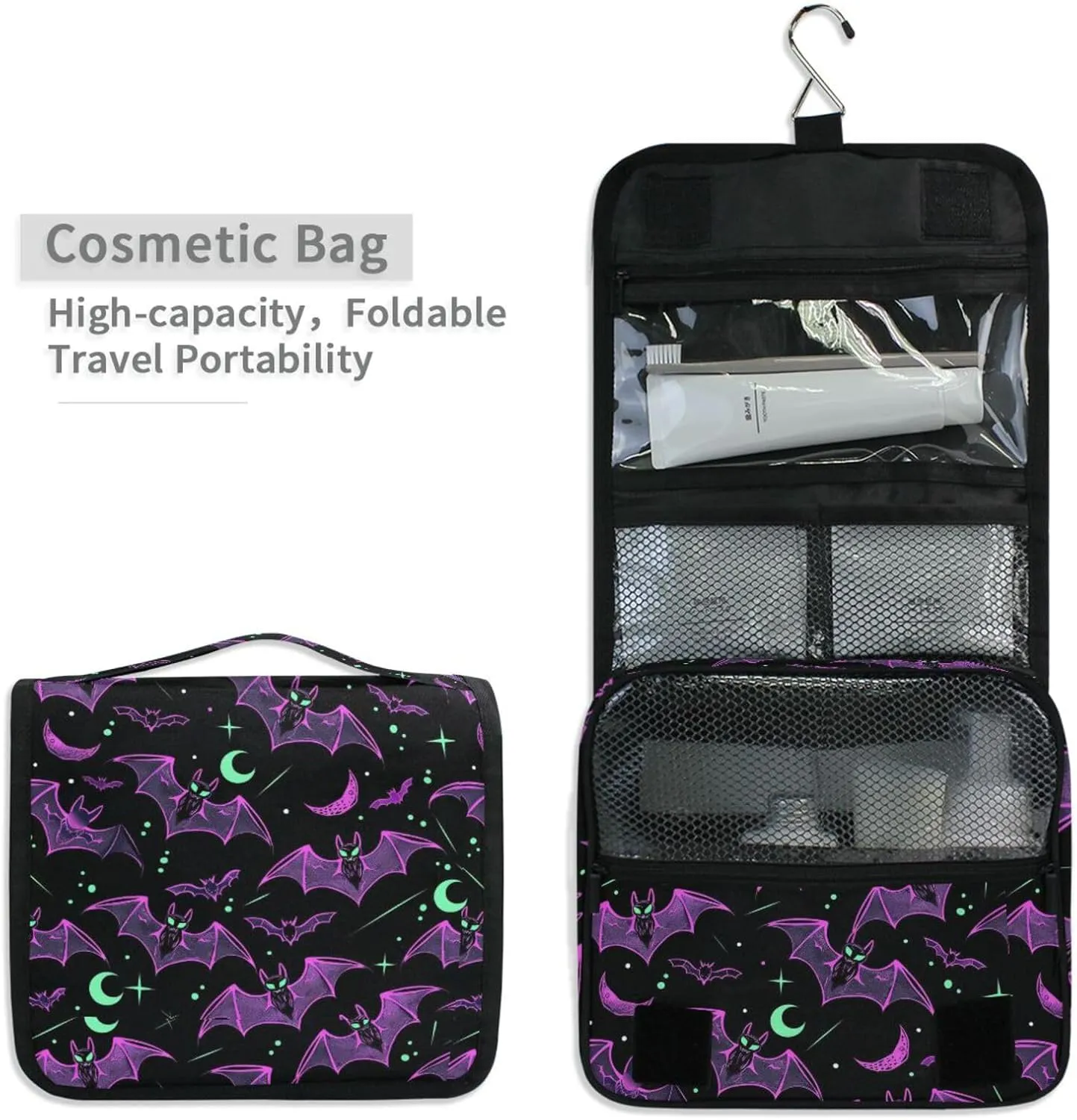 MNSRUU Hanging Toiletry Bag Neon Purple and Bats Stars and Moons Travel Makeup bag for Toiletries Portable Travel Toiletry Organizer Cosmetic Bags with Hanging Hook