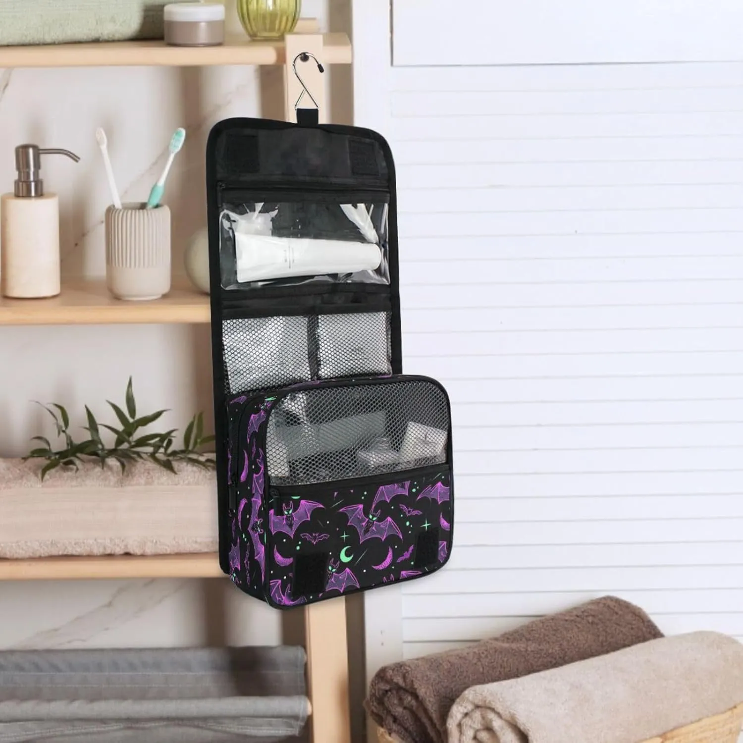 MNSRUU Hanging Toiletry Bag Neon Purple and Bats Stars and Moons Travel Makeup bag for Toiletries Portable Travel Toiletry Organizer Cosmetic Bags with Hanging Hook