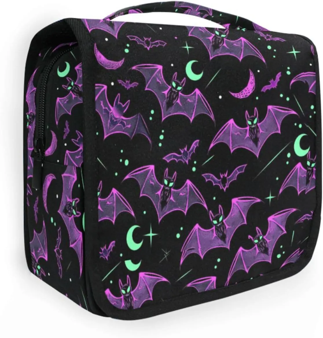 MNSRUU Hanging Toiletry Bag Neon Purple and Bats Stars and Moons Travel Makeup bag for Toiletries Portable Travel Toiletry Organizer Cosmetic Bags with Hanging Hook