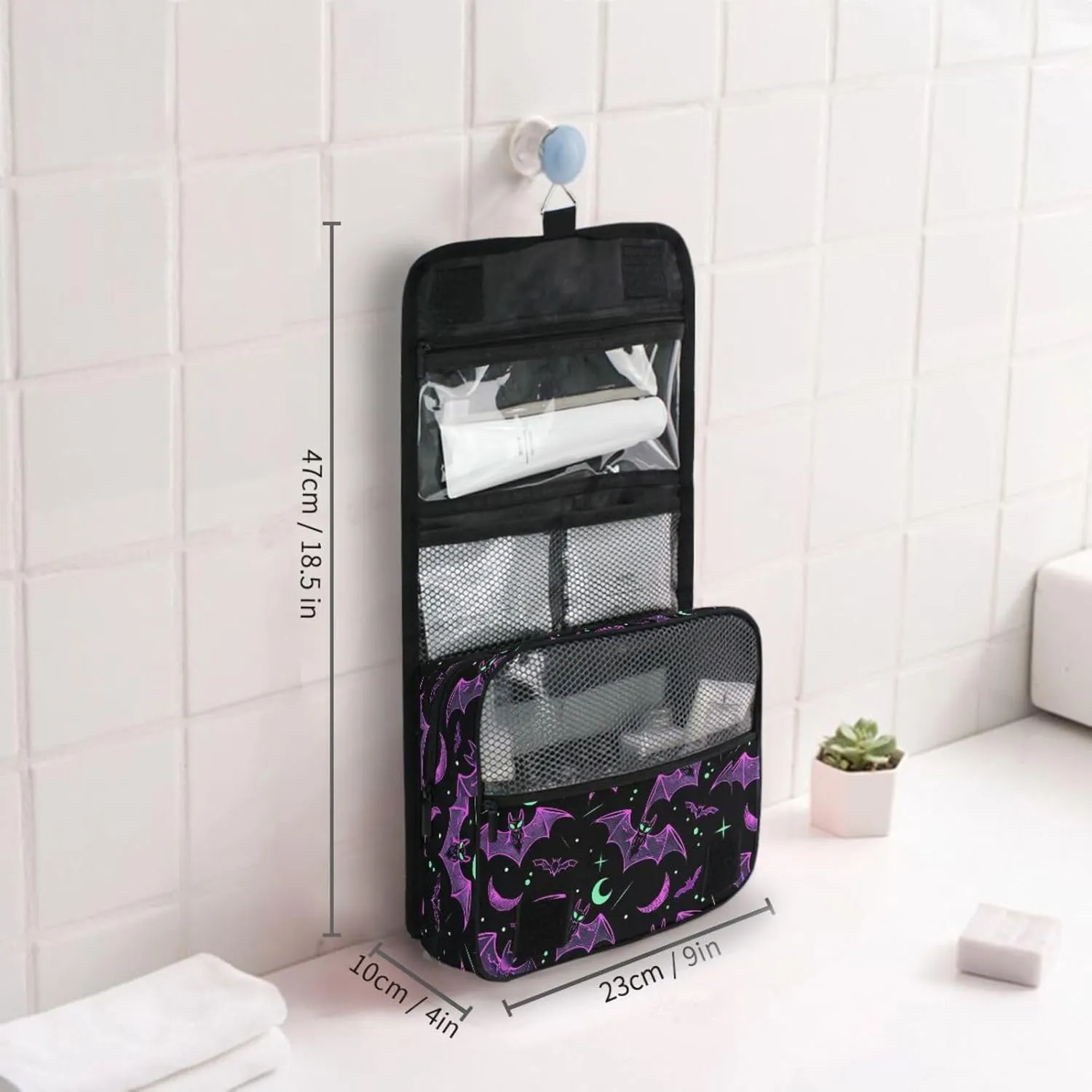 MNSRUU Hanging Toiletry Bag Neon Purple and Bats Stars and Moons Travel Makeup bag for Toiletries Portable Travel Toiletry Organizer Cosmetic Bags with Hanging Hook