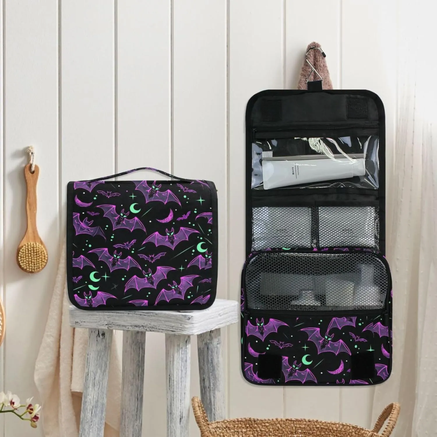MNSRUU Hanging Toiletry Bag Neon Purple and Bats Stars and Moons Travel Makeup bag for Toiletries Portable Travel Toiletry Organizer Cosmetic Bags with Hanging Hook