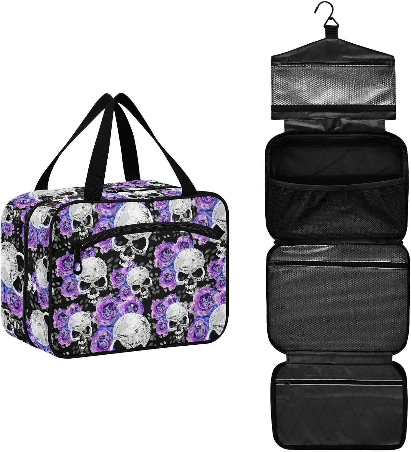 MNSRUU Hanging Toiletry Bags for Women Travel, Gothic Flowers and Skulls Toiletry Organizer Portable Travel Toiletry Bags Clear Wash Bags Makeup Bag Cosmetic Bag