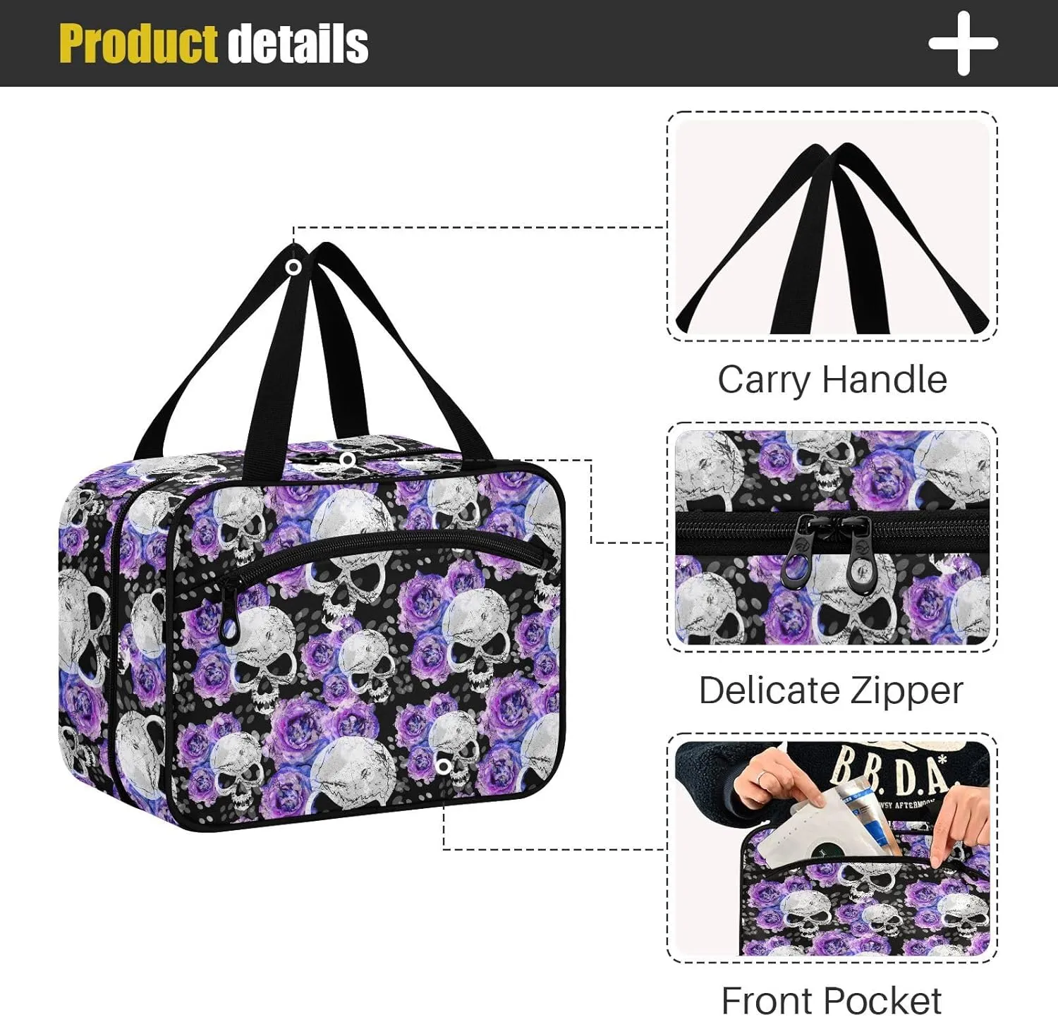 MNSRUU Hanging Toiletry Bags for Women Travel, Gothic Flowers and Skulls Toiletry Organizer Portable Travel Toiletry Bags Clear Wash Bags Makeup Bag Cosmetic Bag