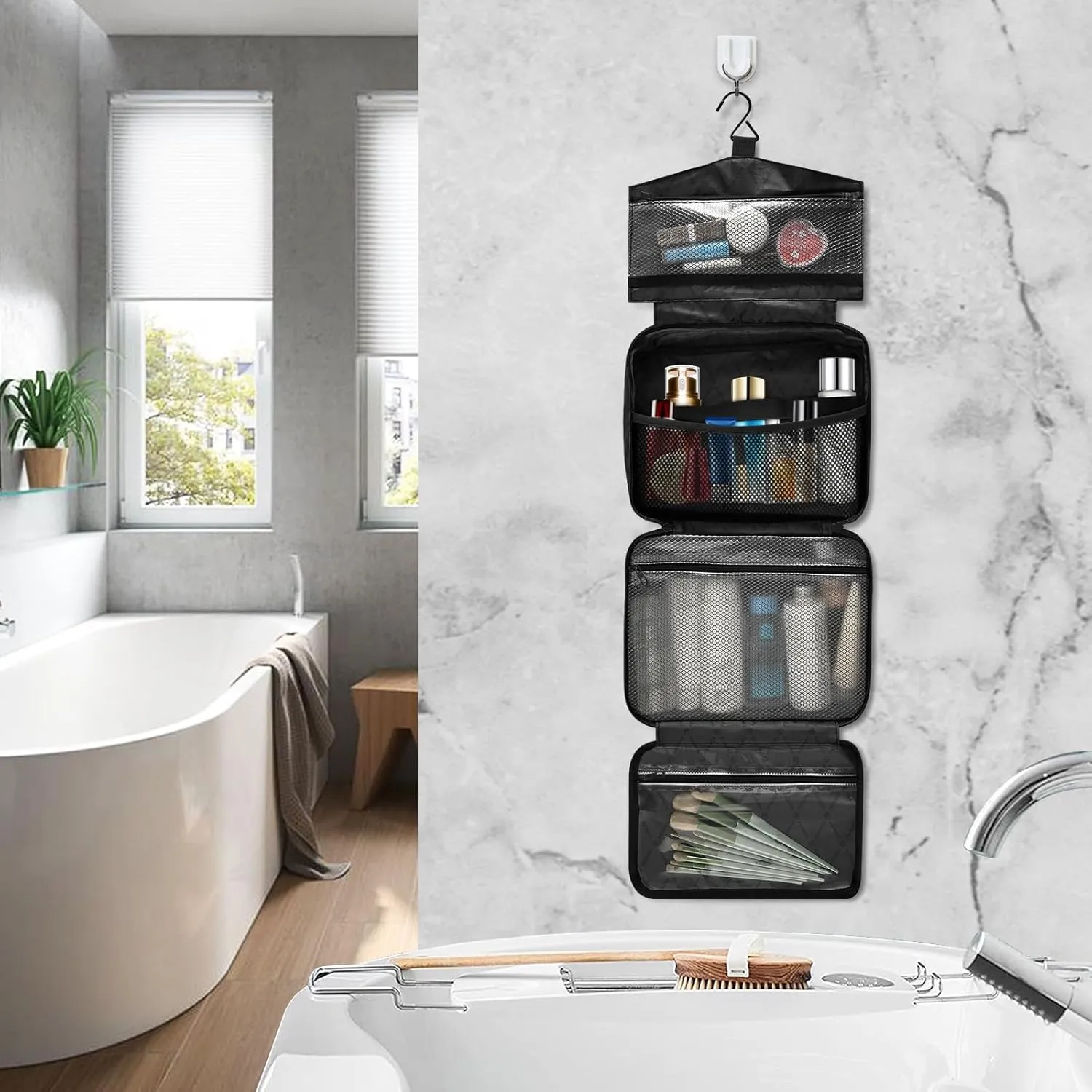 MNSRUU Hanging Toiletry Bags for Women Travel, Gothic Flowers and Skulls Toiletry Organizer Portable Travel Toiletry Bags Clear Wash Bags Makeup Bag Cosmetic Bag