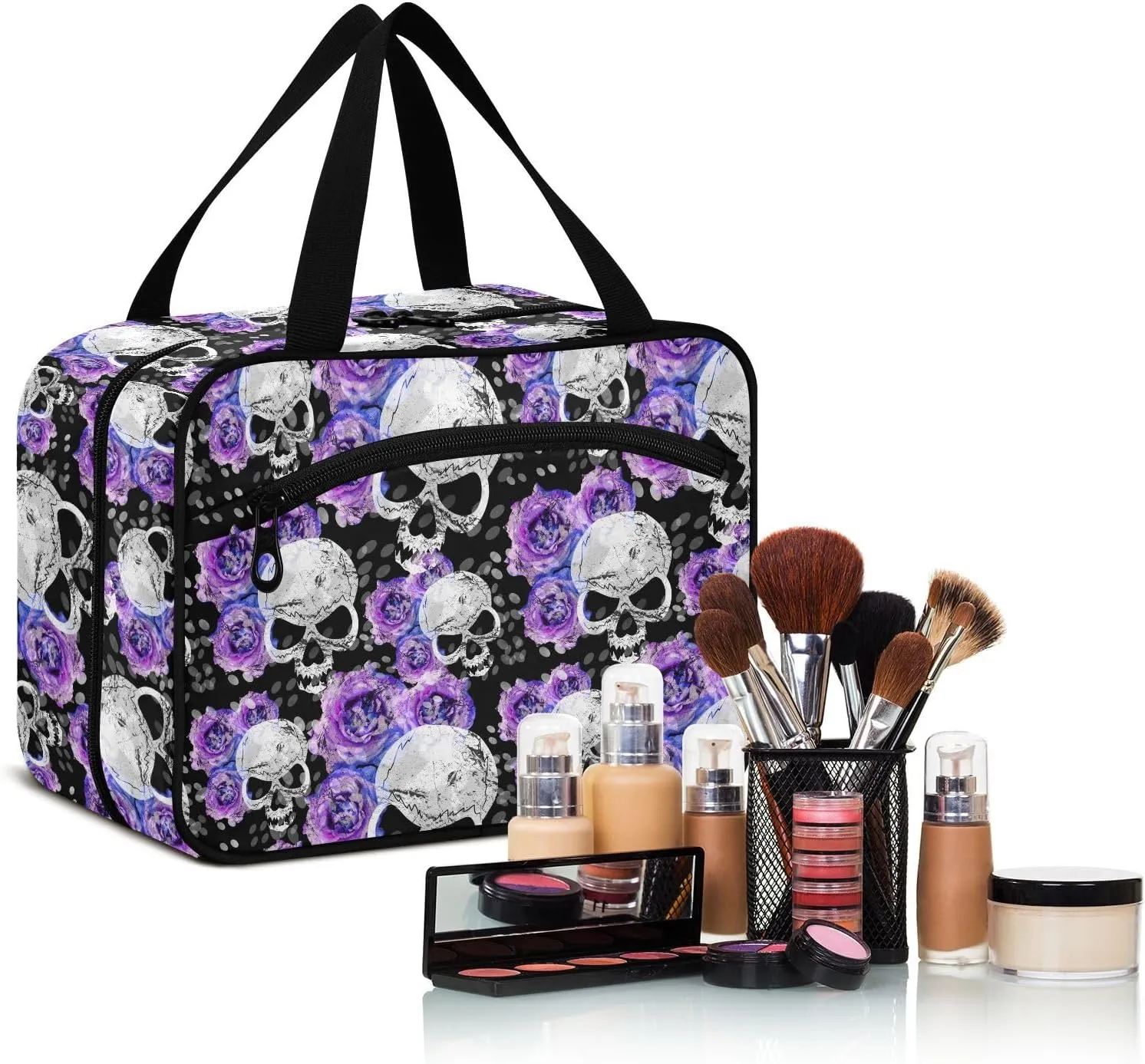 MNSRUU Hanging Toiletry Bags for Women Travel, Gothic Flowers and Skulls Toiletry Organizer Portable Travel Toiletry Bags Clear Wash Bags Makeup Bag Cosmetic Bag
