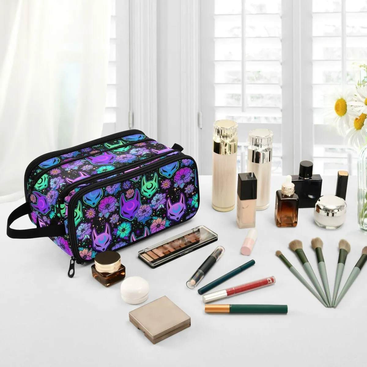 MNSRUU Magic Fox Camellia Purple Makeup Bag - Large Capacity Cosmetic Organizer, Portable Toiletry Bag for Travel Size