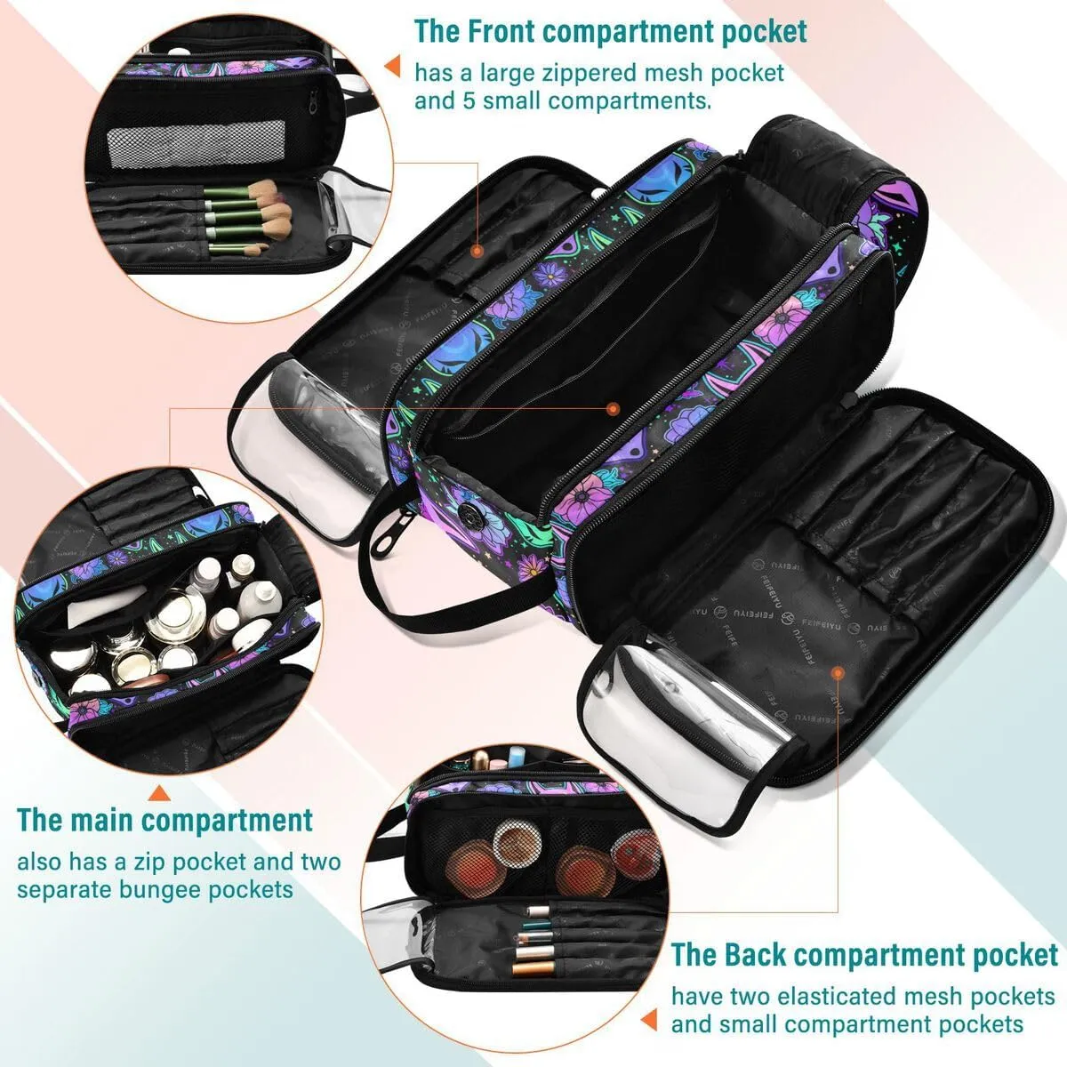 MNSRUU Magic Fox Camellia Purple Makeup Bag - Large Capacity Cosmetic Organizer, Portable Toiletry Bag for Travel Size