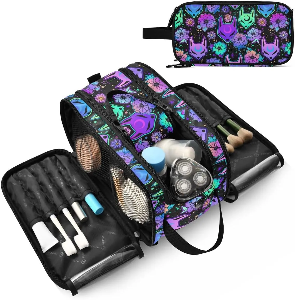 MNSRUU Magic Fox Camellia Purple Makeup Bag - Large Capacity Cosmetic Organizer, Portable Toiletry Bag for Travel Size