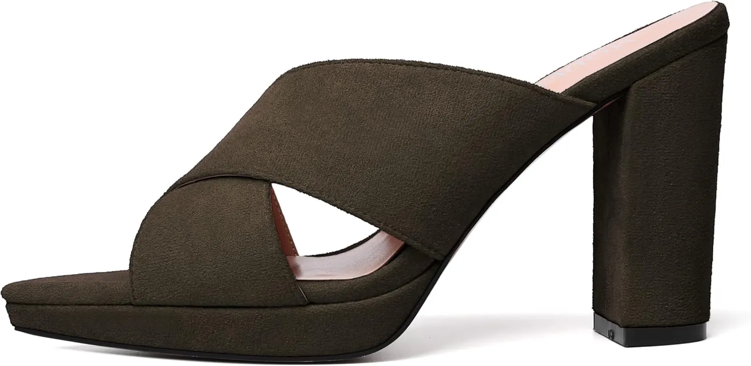 MODENCOCO Womens Sexy Evening Open Toe Slip On Platform Slide Suede Block High Heel Heeled Sandals 4 Inch