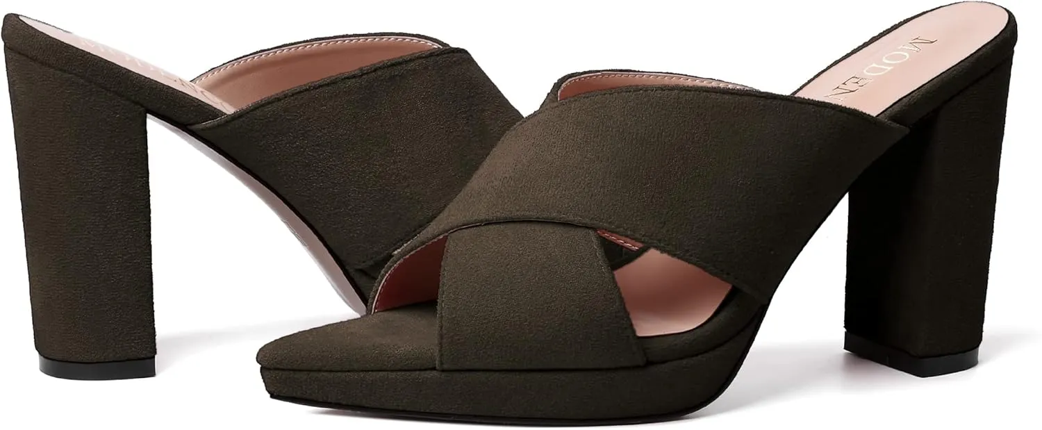 MODENCOCO Womens Sexy Evening Open Toe Slip On Platform Slide Suede Block High Heel Heeled Sandals 4 Inch