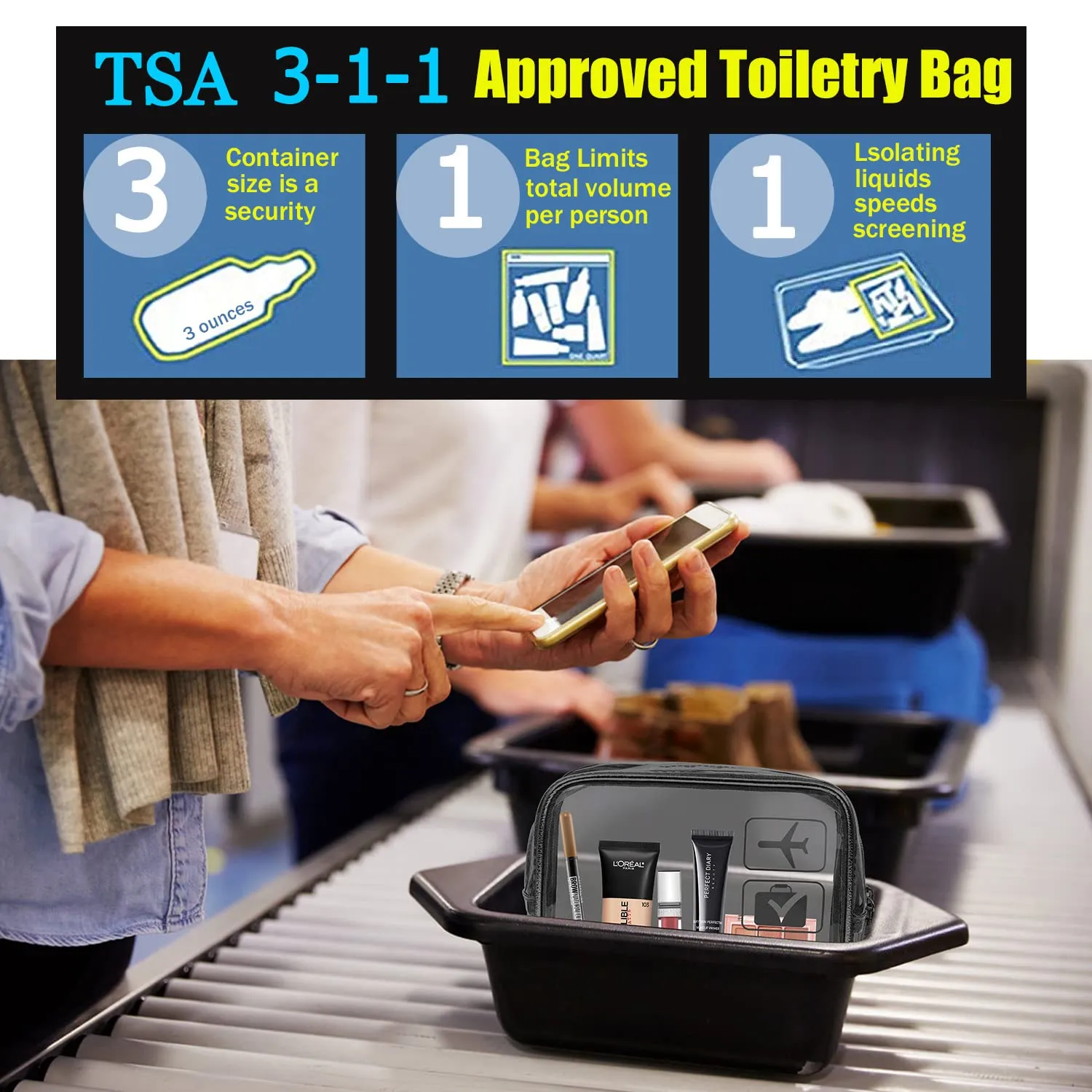 MODENGKONGJIAN TSA Approved Toiletry Bag, 3 Pcs Clear Toiletries Bags Quart Size Travel Makeup Cosmetic Bag for Women Men, Carry on Airport Airline Compliant Bag (Blue)