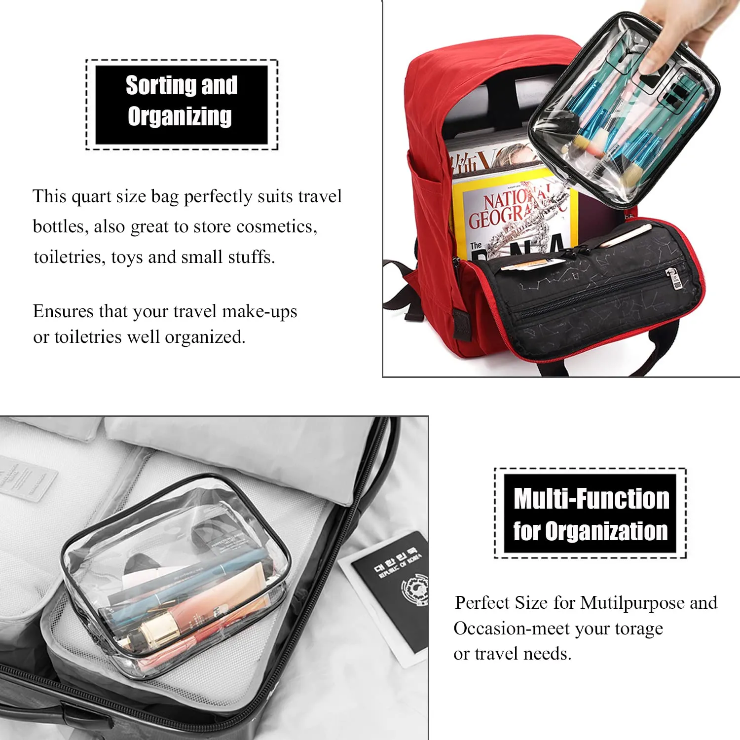MODENGKONGJIAN TSA Approved Toiletry Bag, 3 Pcs Clear Toiletries Bags Quart Size Travel Makeup Cosmetic Bag for Women Men, Carry on Airport Airline Compliant Bag (Rose Red)