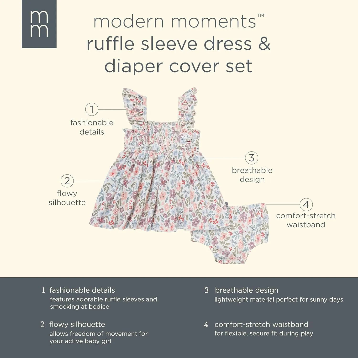 Modern Moments by Gerber Baby Girls' 2-Piece Ruffle Sleeve Dress W/Smocking & Diaper Cover Set