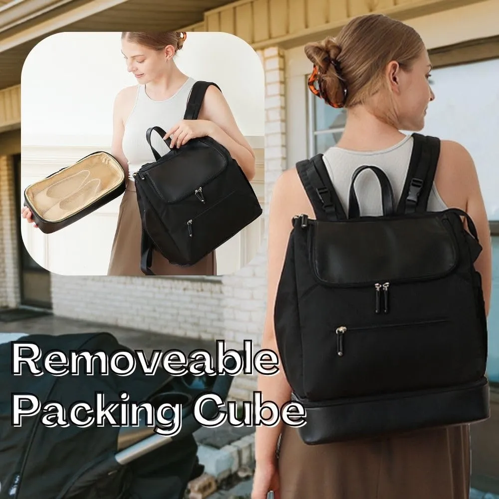 MOMINSIDE Diaper Bag Backpack - Large Baby Diaper Bag with 14 Pocket, Leather & Nylon Travel Diaper Backpack for Mom, Breast Pump Bag, Removable Cooler Compartment, Double Layer, Black